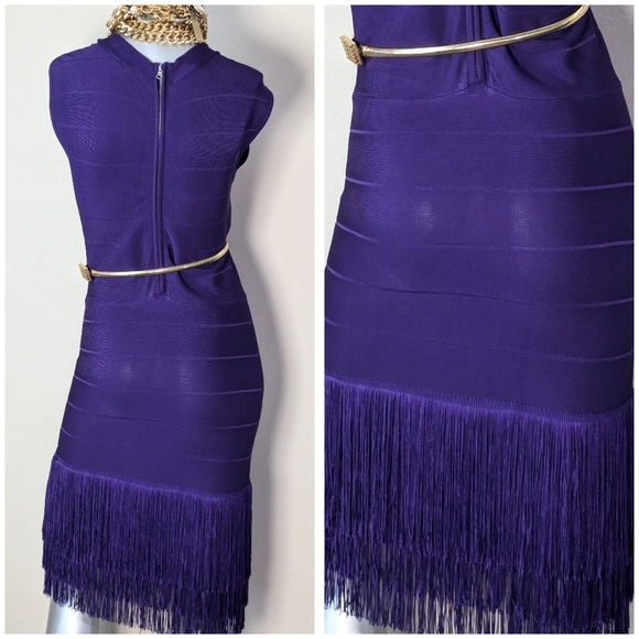 VENUS Bandage Layered Fringe Plunging Neck Sleeveless Cocktail Purple Dress - Picture 11 of 15